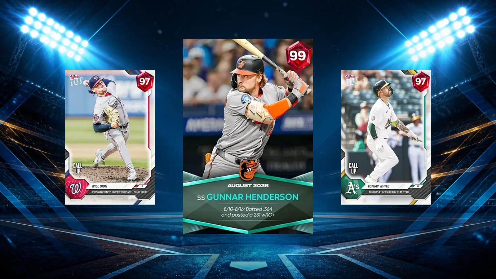 Gunnar Henderson, Will Dion and Tommy White MLB The Show 26 cards over an unbranded blue night ballpark background