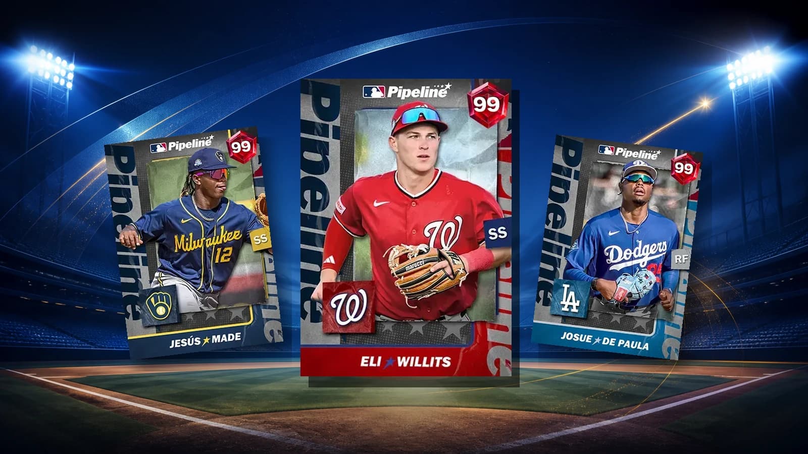 Eli Willits Pipeline card centered between Jesús Made and Josue De Paula Pipeline cards over a night ballpark background